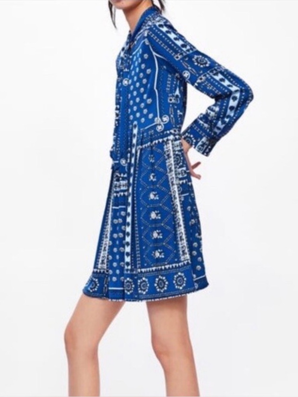 Zara Patchwork Pleated Long Sleeve Mini Dress in Bandana Blue, Women’s Small - Picture 12 of 16